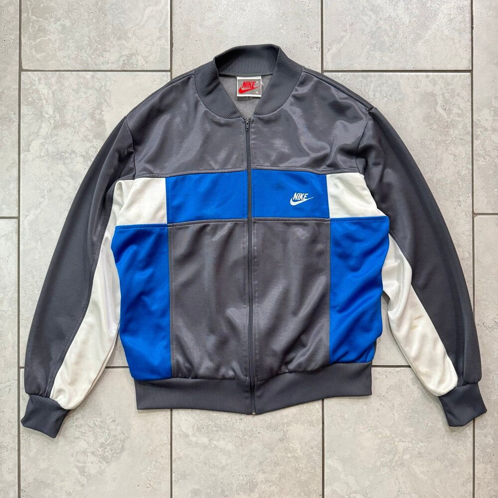 Vintage 80s Nike Swoosh Track Jacket Streetwear Size L Gray Blue